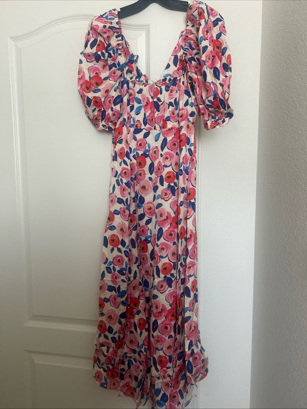 For Love & Lemons Gianna Midi Dress Floral White Pink Blue Slit $242 Size S - Picture 6 of 7